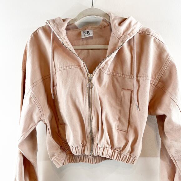 BDG Urban Outfitters Full Zip Cropped Hoodie Bomber Jacket Pink Tan Small - Picture 4 of 8